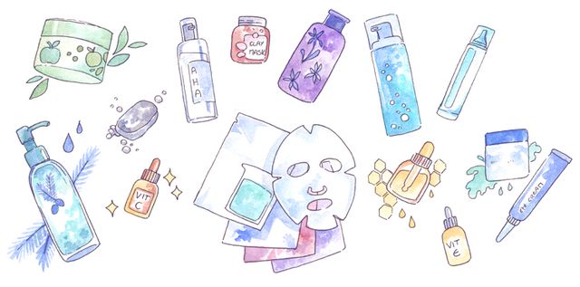 Skincare products hovering an individual